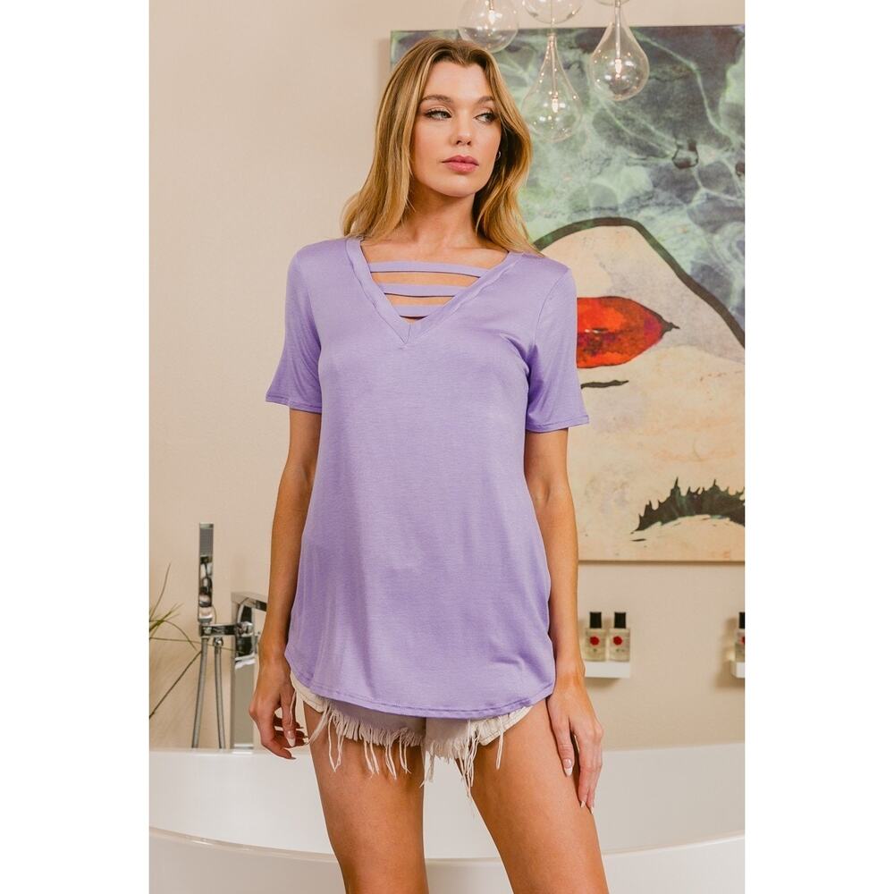 293. BiBi Lavender Strappy V-Neck Short Sleeve Top
